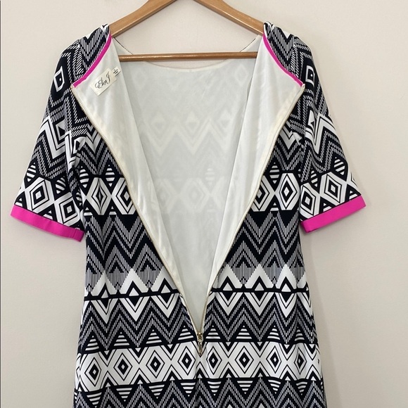Eliza J Black White Geometric Shift Dress Pink Trim Size 10 Career Work Sheath - Picture 9 of 13